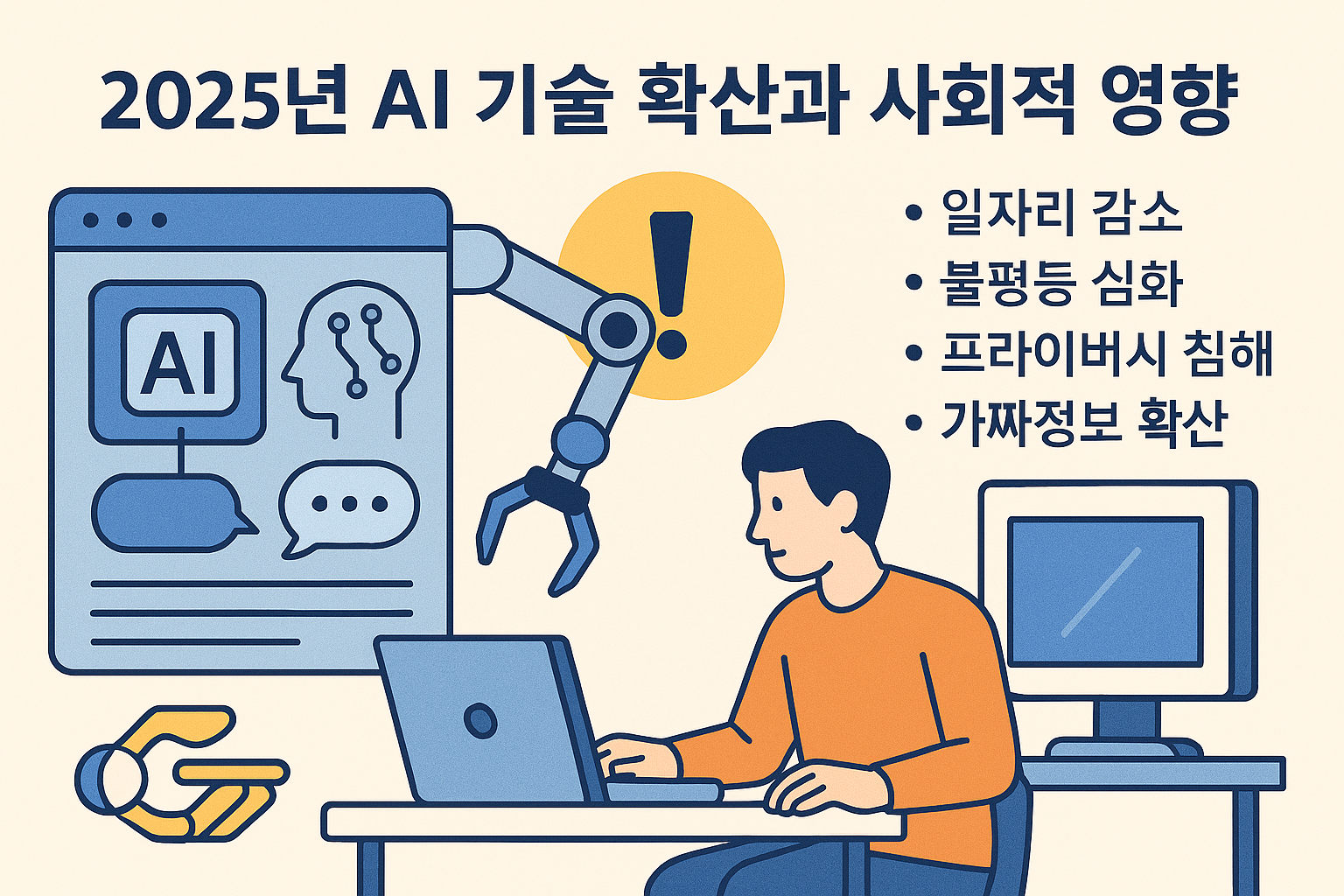 AI 인터페이스 화면, 로봇 팔, 컴퓨터 작업 중인 사람의 모습의 인포그래픽