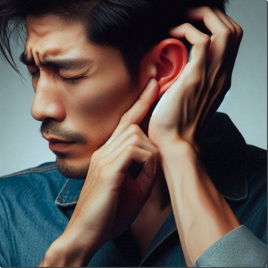 말할 때 귀울림 원인 두부 충격, 귀아픈 중년 남성 사진