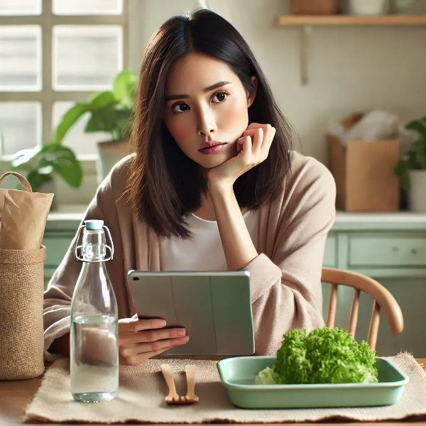미세플라스틱 기사 보며 걱정하는 동양인 여성