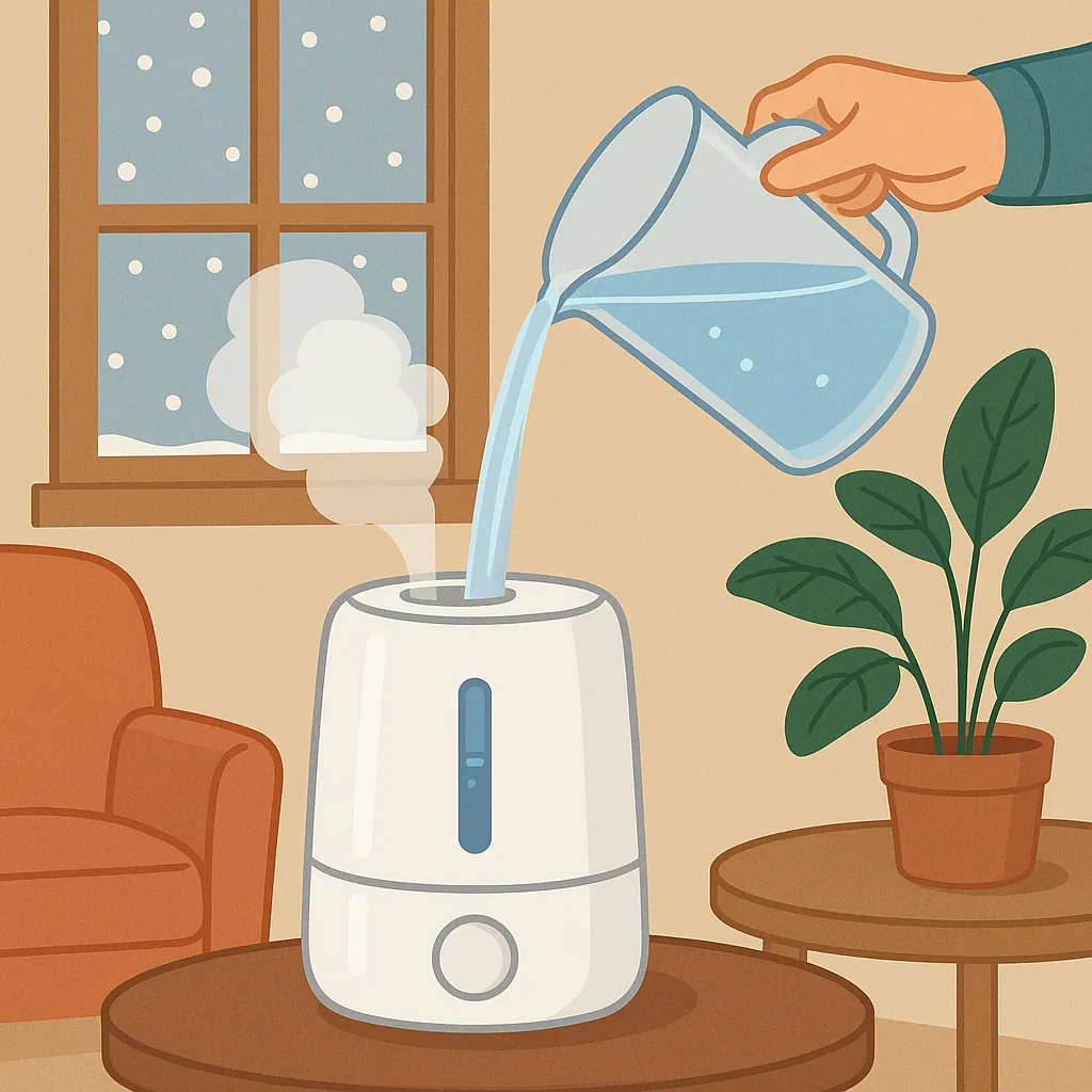 겨울에-가습기-물을-얼마나-자주-갈아야-할까를-상징적으로-표현한-일러스트-이미지로-실내의-가습기와-청결을-강조하는-장면