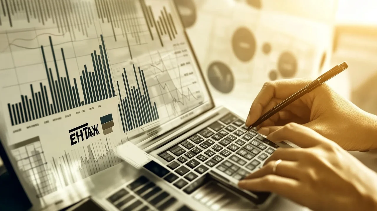 투자자가 노트북으로 ETF 세금 계산기를 사용하며, 다양한 그래프와 재무 차트를 배경으로 집중하는 모습이다. 적절한 세금 전략을 통한 재정 관리에 초점이 맞춰져 있다.