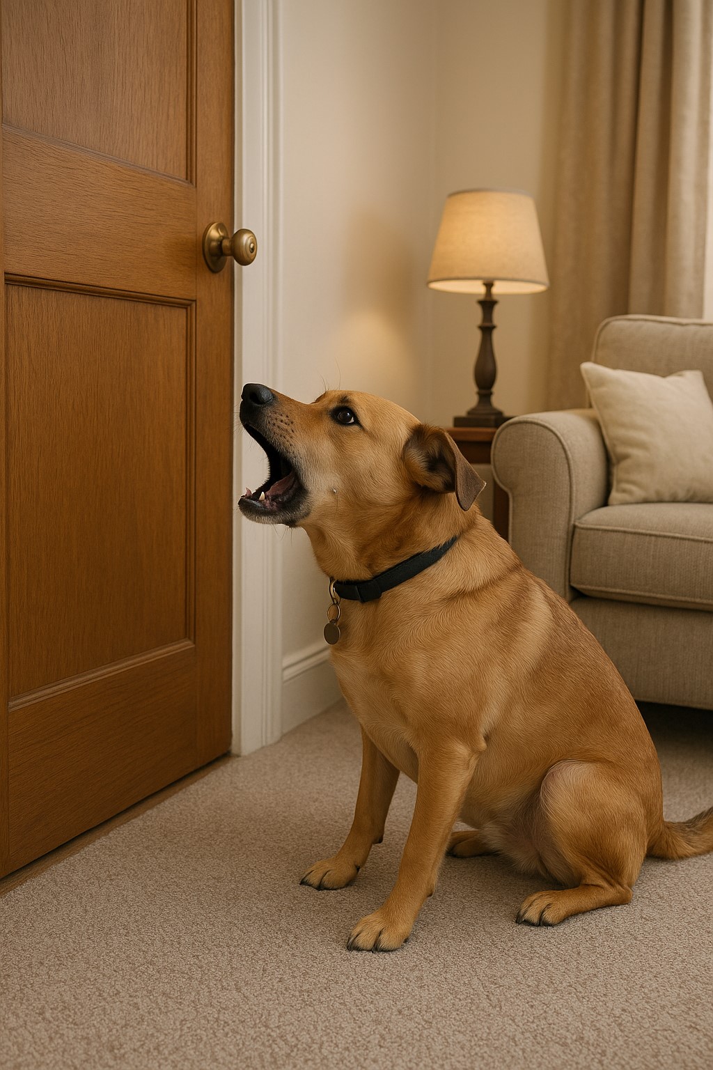 집안에서 분리불안으로 짖고 있는 강아지 사진