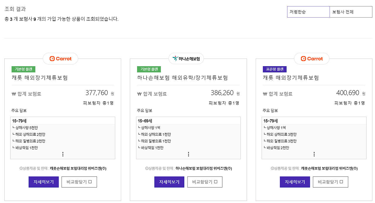 여행기간 별 최저가 보험 리스트 - 9개월