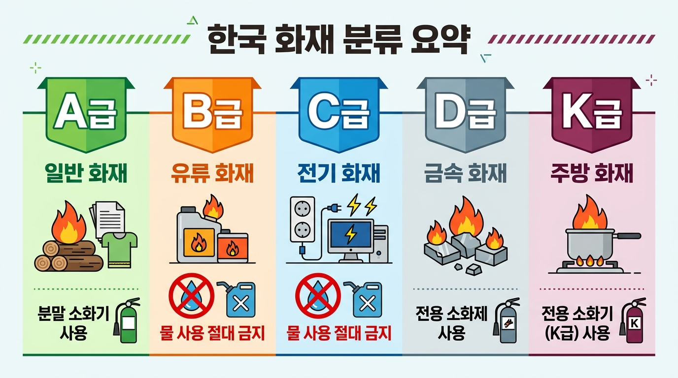 화재 유형별 A~K급 소화기 선택 기준 — 물 사용 금지 화재 유형 표시