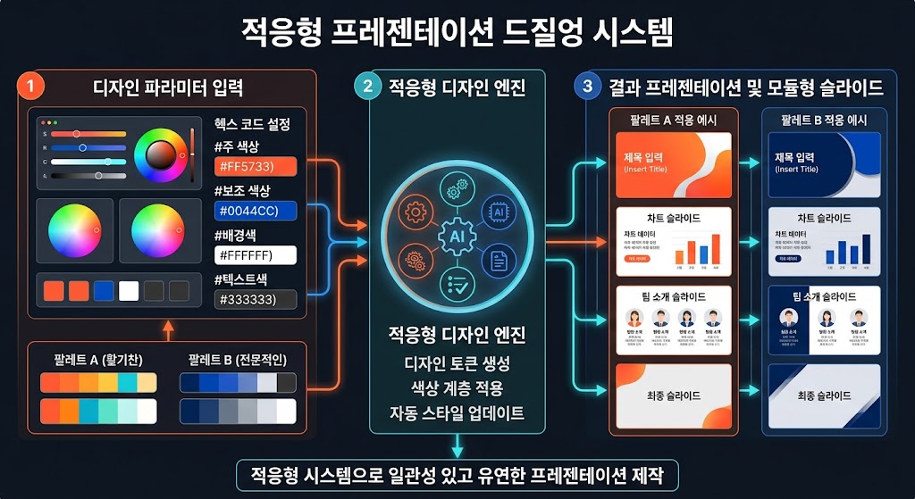 특정 레이아웃 규칙에 따라 글로벌 색상 변수가 실시간으로 렌더링되는 아토믹 디자인 구조.
