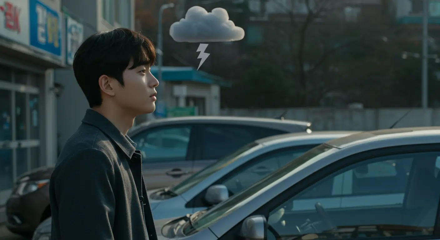 마음에 드는 중고차 앞에서 자신의 낮은 신용등급을 상징하는 먹구름을 보며 걱정하는 한국 청년