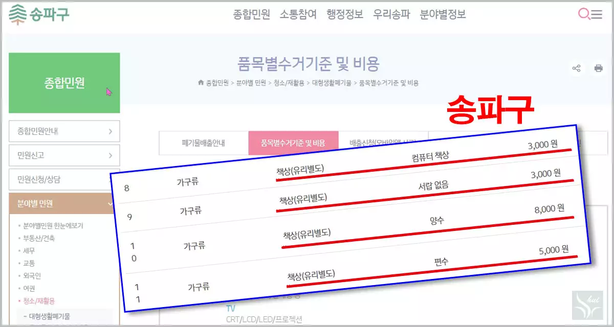 송파구 책상 배출 가격