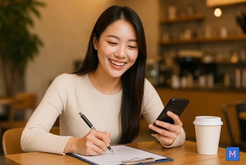 소상공인 부담경감 크레딧 개인카드 신청하는 모습, 카페에서 스마트폰과 서류로 온라인 등록 진행 중 via canva