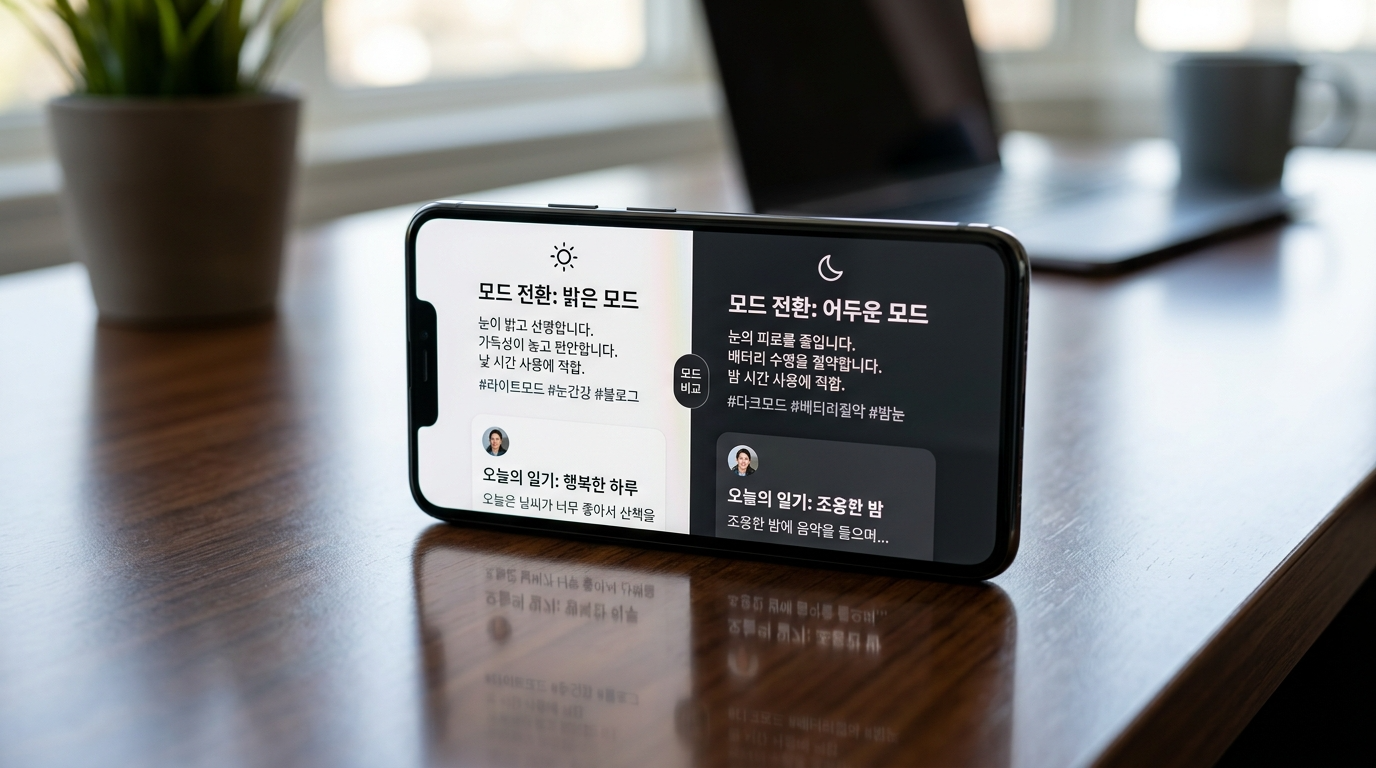 화면이 라이트 모드와 다크 모드로 분할된 스마트폰의 상세 모습