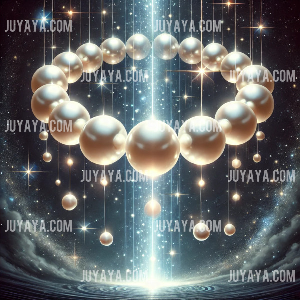 어두운 밤하늘에 별처럼 빛나는 진주 목걸이&amp;#44; 각각의 진주가 작은 별처럼 반짝이며 초현실적인 분위기를 연출