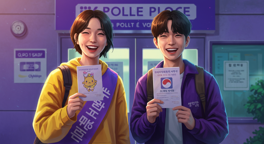MZ세대 남녀가 개성 있는 투표 인증 용지를 들고 투표소 앞에서 밝게 웃는 모습