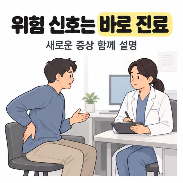 위험 신호는 바로 진료 문구 아래 남성이 허리를 가리키며 의사에게 증상을 설명하는 모습