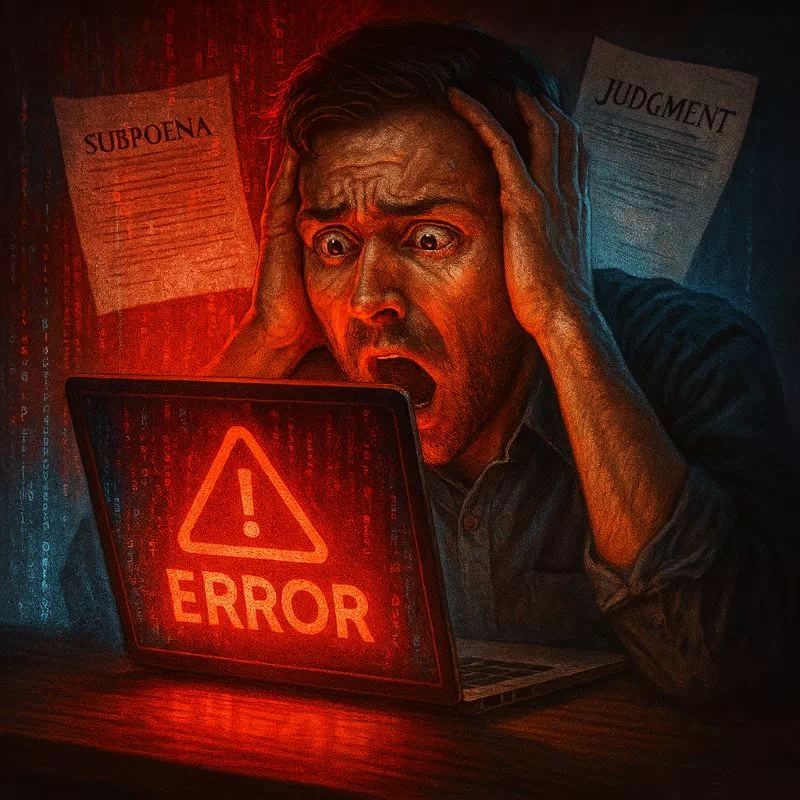 AI 환각 실화, 챗GPT 가짜 판례로 충격받은 사람과 에러 메시지를 보여주는 실사 스타일 이미지