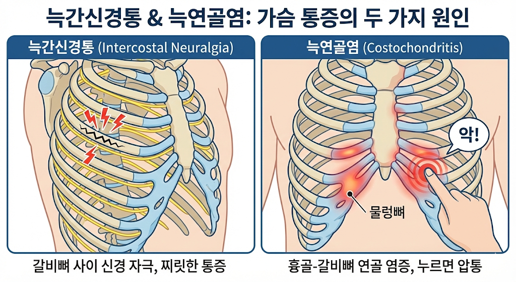 가슴 찌릿함, 갈비뼈 통증, 숨 쉴 때 가슴 통증, 등 통증 동반