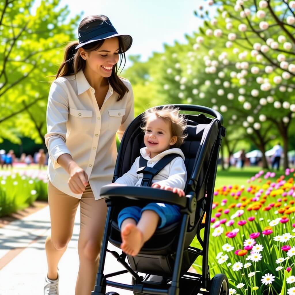 유모차를타고있는-아이-밀고있는-엄마