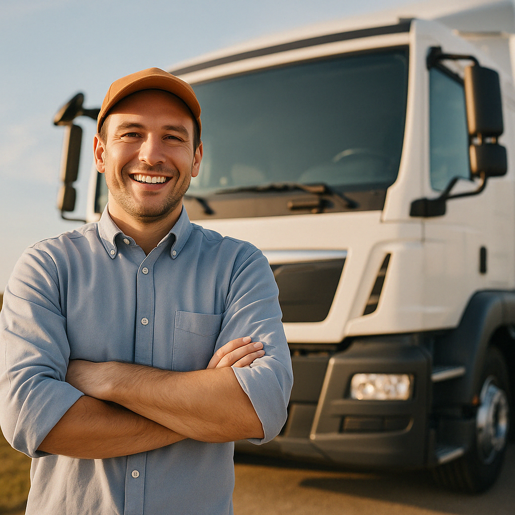 대형 트럭 앞에서 팔짱을 끼고 자신감 있게 웃고 있는 남성 운전자의 모습으로, 1종 대형면허 취득 후 운전 직종에 종사하는 모습을 상징하는 이미지