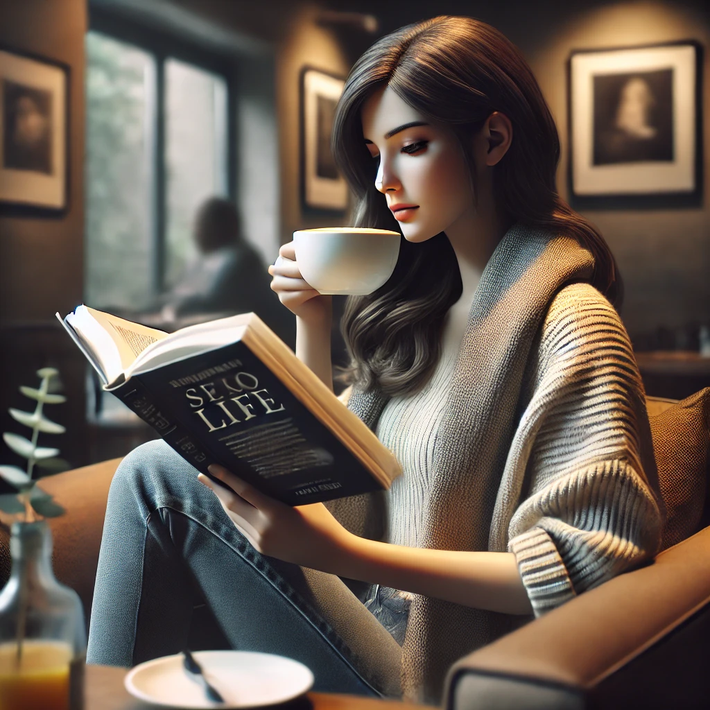 카페에서 혼자 커피를 마시며 책을 읽는 여성 (자기 계발 &amp; 독립적 삶 표현)