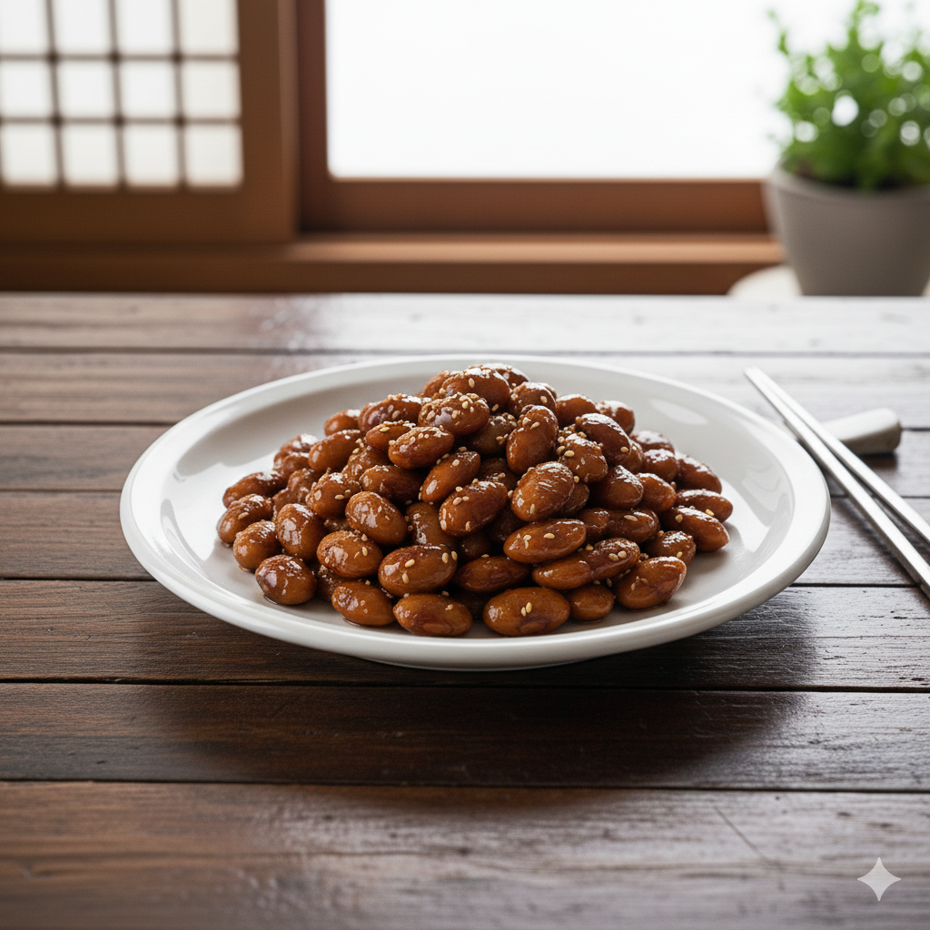 삶은 메주콩을 간장과 물엿을 넣어 조린 콩조림