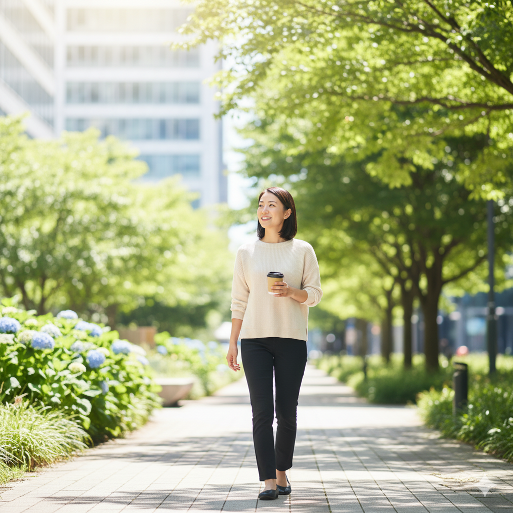 점심산책루틴을 실천하며 에너지를 회복하고 리프레시하는 직장인의 모습 (이미지 생성:google)