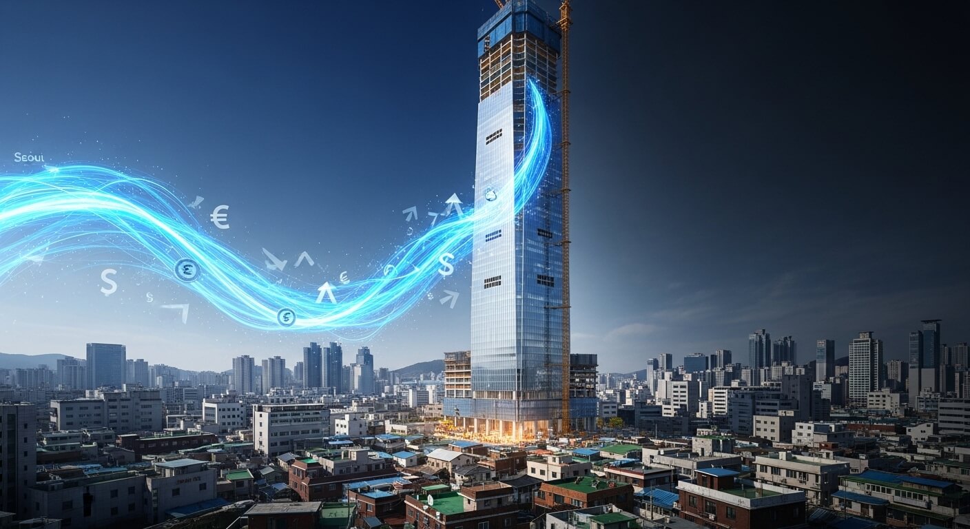 주의에 낮은 집들이 있고 중간에 새로생기는 고층빌딩이 있다. 돈이 빨려들어가능 기운이 있는것같은 삽화