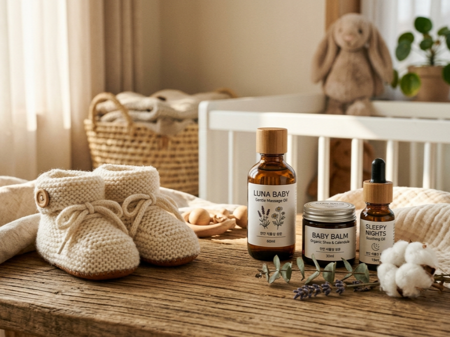 아기 신발 옆에 놓인 천연 유기농 화장품 병