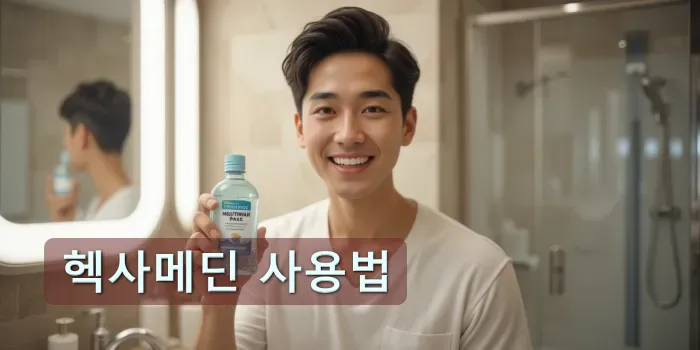 욕실에서 가글액을 들고 웃고 있는 모습