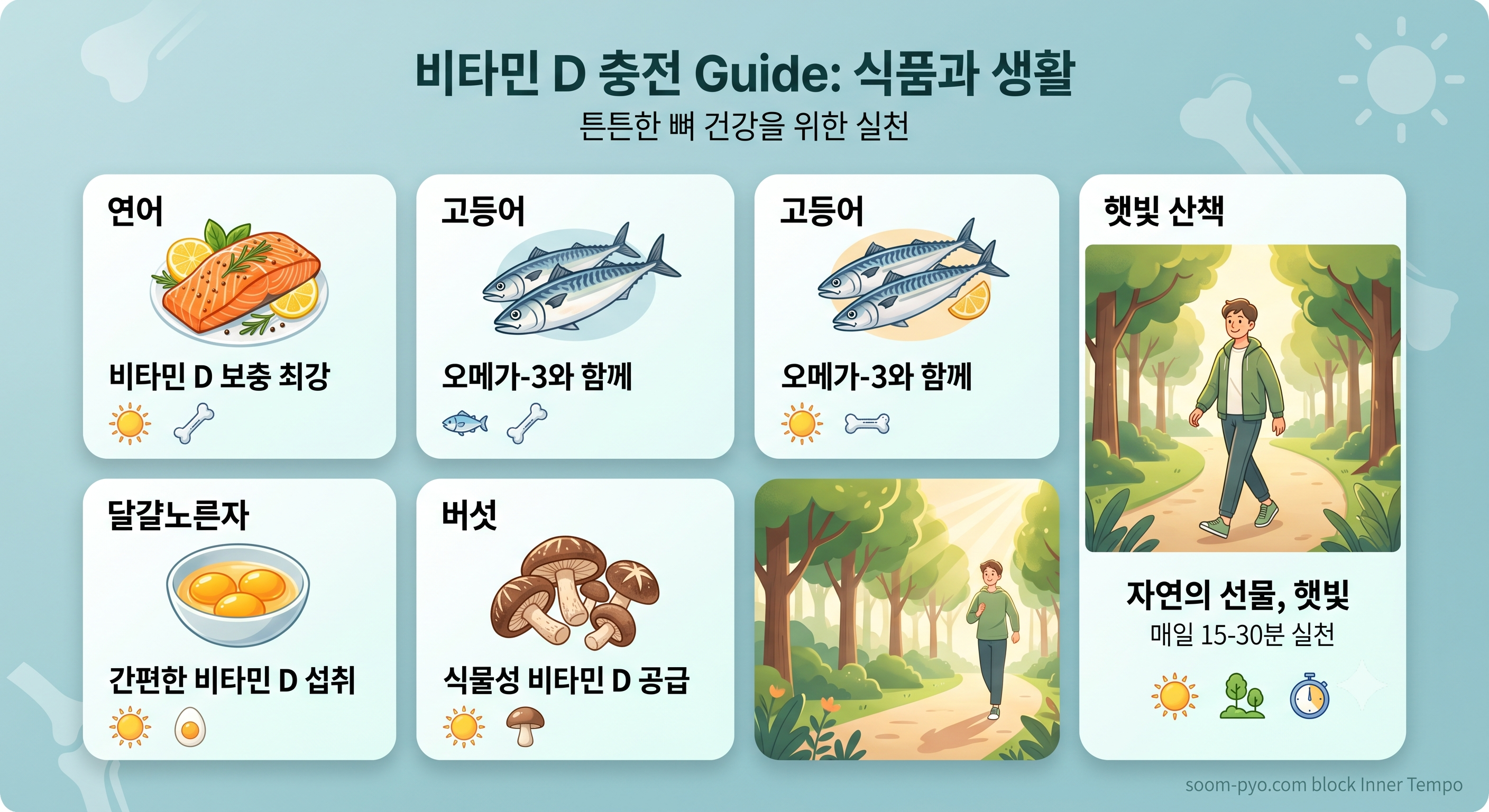 연어, 고등어, 달걀노른자, 버섯, 햇빛 산책을 조합한 음식·생활
