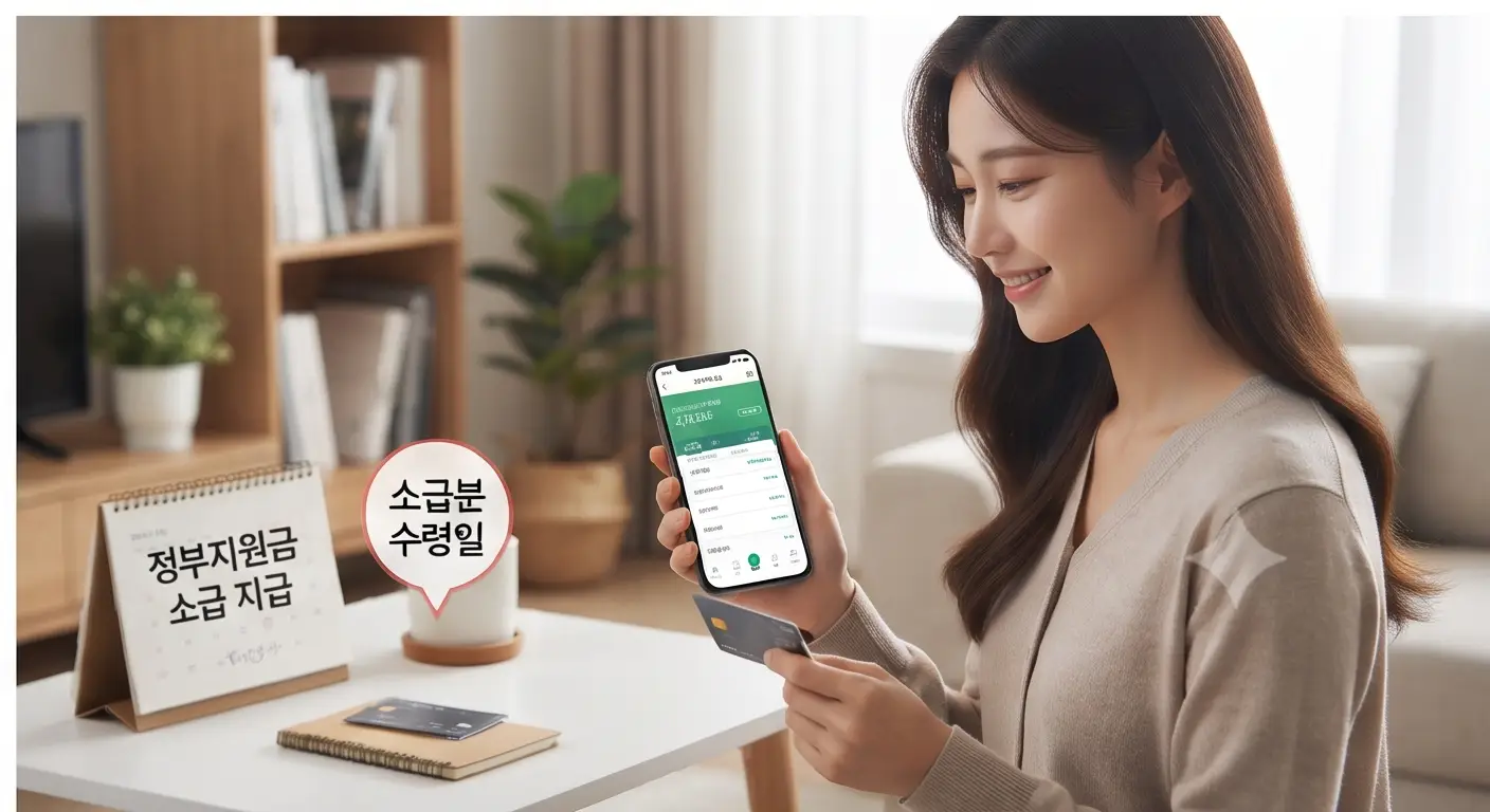 정부지원금 소급 지급 안내와 함께 스마트폰으로 입금 내역을 미소 지으며 확인하는 여성