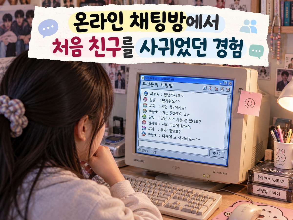 옛 컴퓨터 채팅방을 바라보는 학생과 온라인 채팅방에서 처음 친구를 사귀었던 경험이라는 제목