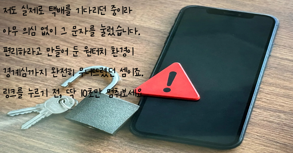 책상 위에 놓인 검은색 스마트폰 화면 위의 빨간색 삼각형 느낌표 경고판과 그 옆에 열려 있는 은색 열쇠 자물쇠를 통해 문자 링크 스미싱 피싱 사기의 위험성과 사용자 경험 편의성의 함정을 묘사한 이미지