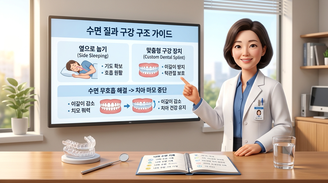 청정하고 세련된 분위기의 대학병원 수면클린 치과 진료실에서 보건 의학 전문가 선생님이 대형 인포그래픽 모니터를 가리키며 야간 숨길 차단과 수면 무호흡증이 유발하는 자율신경계 과각성 및 치아 표면 법랑질 마모 생리학적 메커니즘을 조목조목 설명하고, 수면의 질과 구강 구조 관리 수칙과 코골이와 수면 무호흡증이 치아 마모에 미치는 영향에 대한 정답으로 올바른 측와위 수면 자세 제어 및 맞춤형 구강 내 안착 장치 활용 행동 수칙을 환자에게 다정하게 안내해 주는 현대적이고 깔끔한 3D 렌더링 이미지.