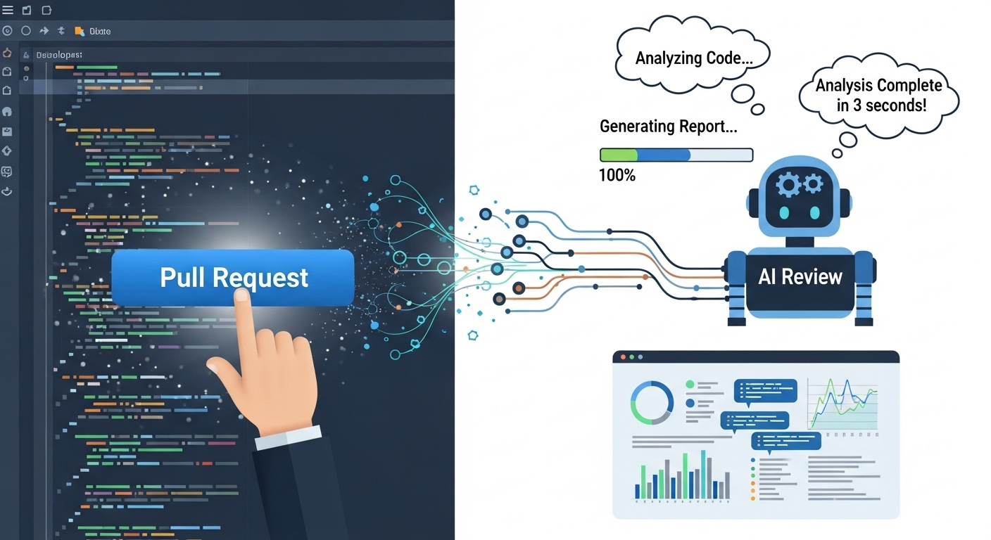개발자가 코드를 푸시하면 AI 리뷰 봇이 자동으로 분석 리포트를 생성하고 피드백을 주는 CICD 파이프라인 인포그래픽