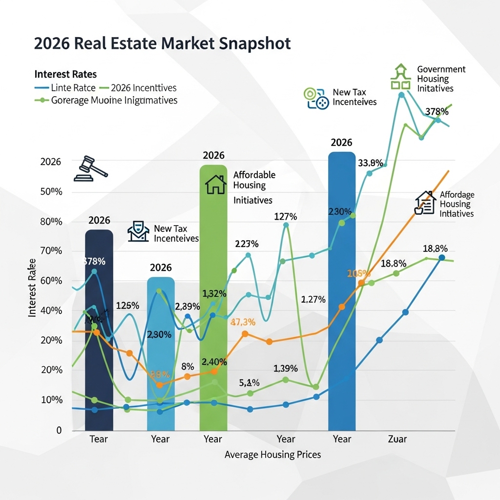 금리 변동, 정부 정책, 주택 가격 등 2026년 부동산 시장 주요 변수들을 시각적으로 보여주는 복합 그래프 인포그래픽.3