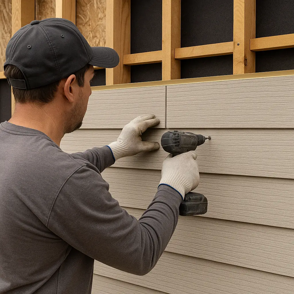 목재/철골 구조물에 세라믹사이딩 패널 부착하는 모습