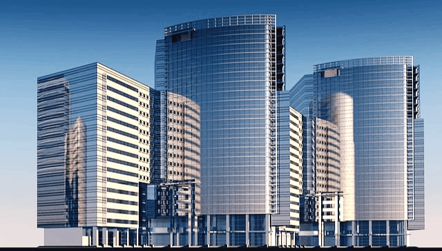 30층이 넘는 높은 건물 3개가 나란히 있다. 건물 외관은 하늘색이고 매우 세련됐다.