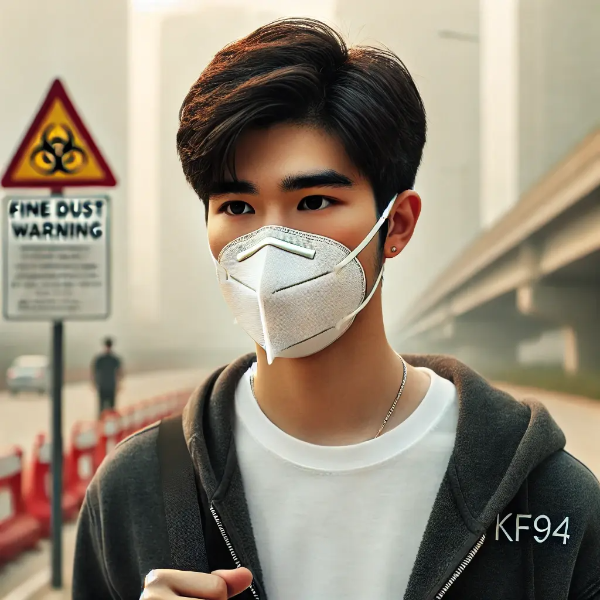 미세먼지 심한 도심 속 마스크를 쓴 젊은 아시아 남성