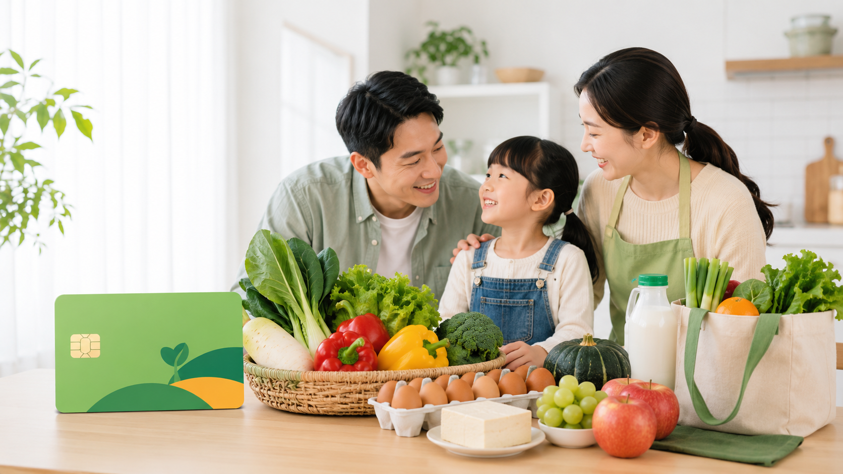 농식품바우처 카드와 신선한 식재료를 함께 살펴보는 가족