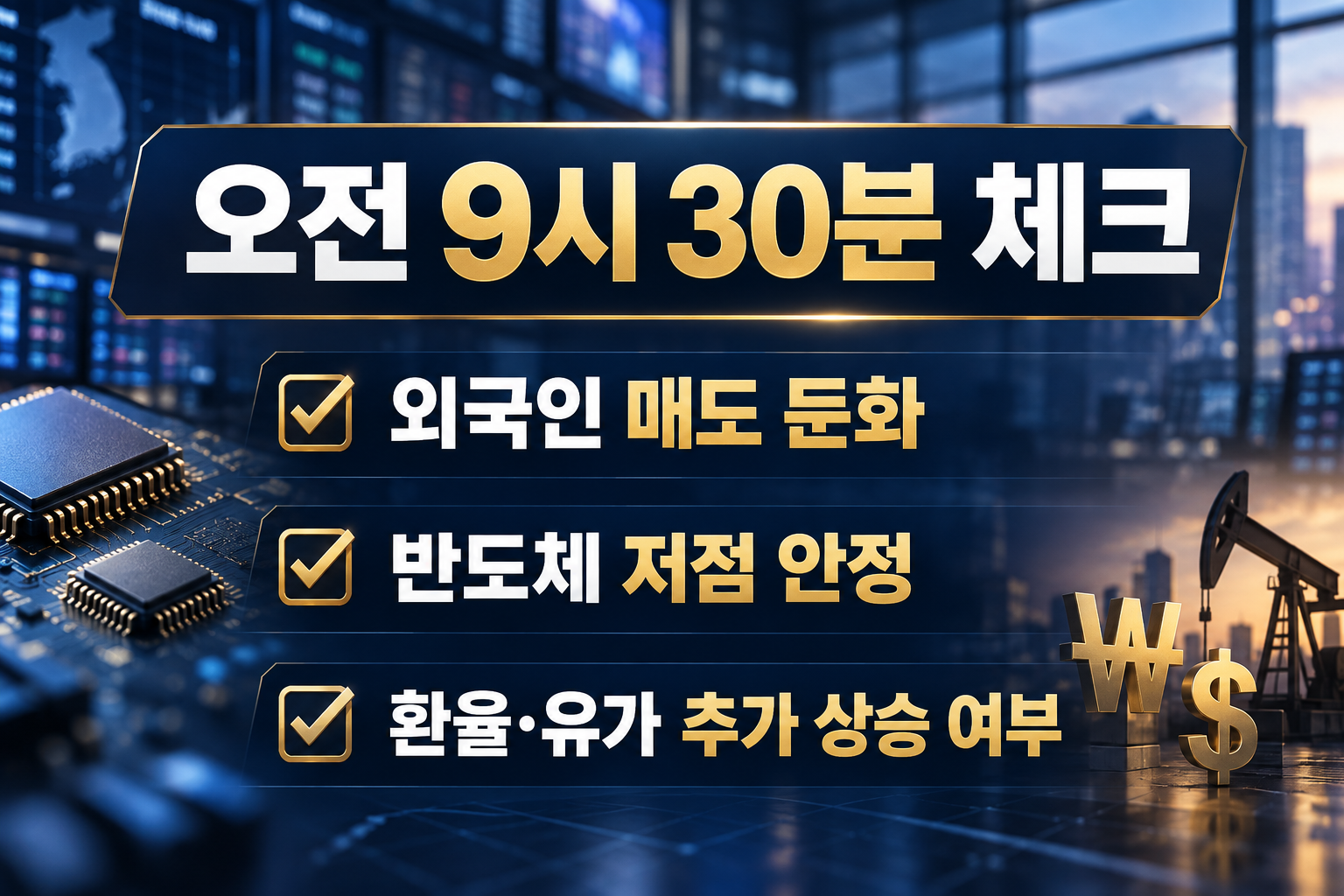 오전 9시 30분 이후 외국인 매도 둔화, 반도체 저점 안정, 환율과 유가의 추가 상승 여부를 확인하는 증시 체크리스트 이미지