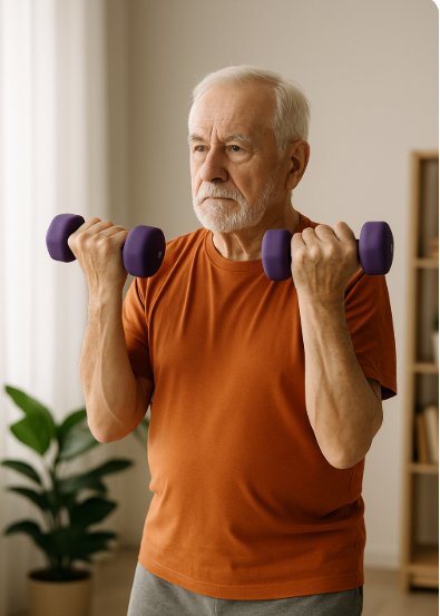남성 노인이 근력유지를 위해 아령으로 운동하고 있는 모습