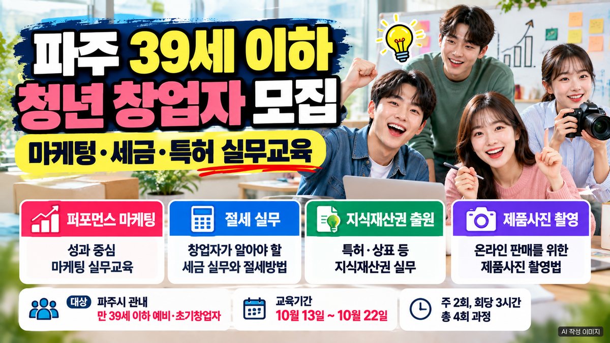 파주 만 39세 이하 청년 예비·초기창업자를 위한 마케팅·절세·특허·제품사진 촬영 실무교육 안내 이미지