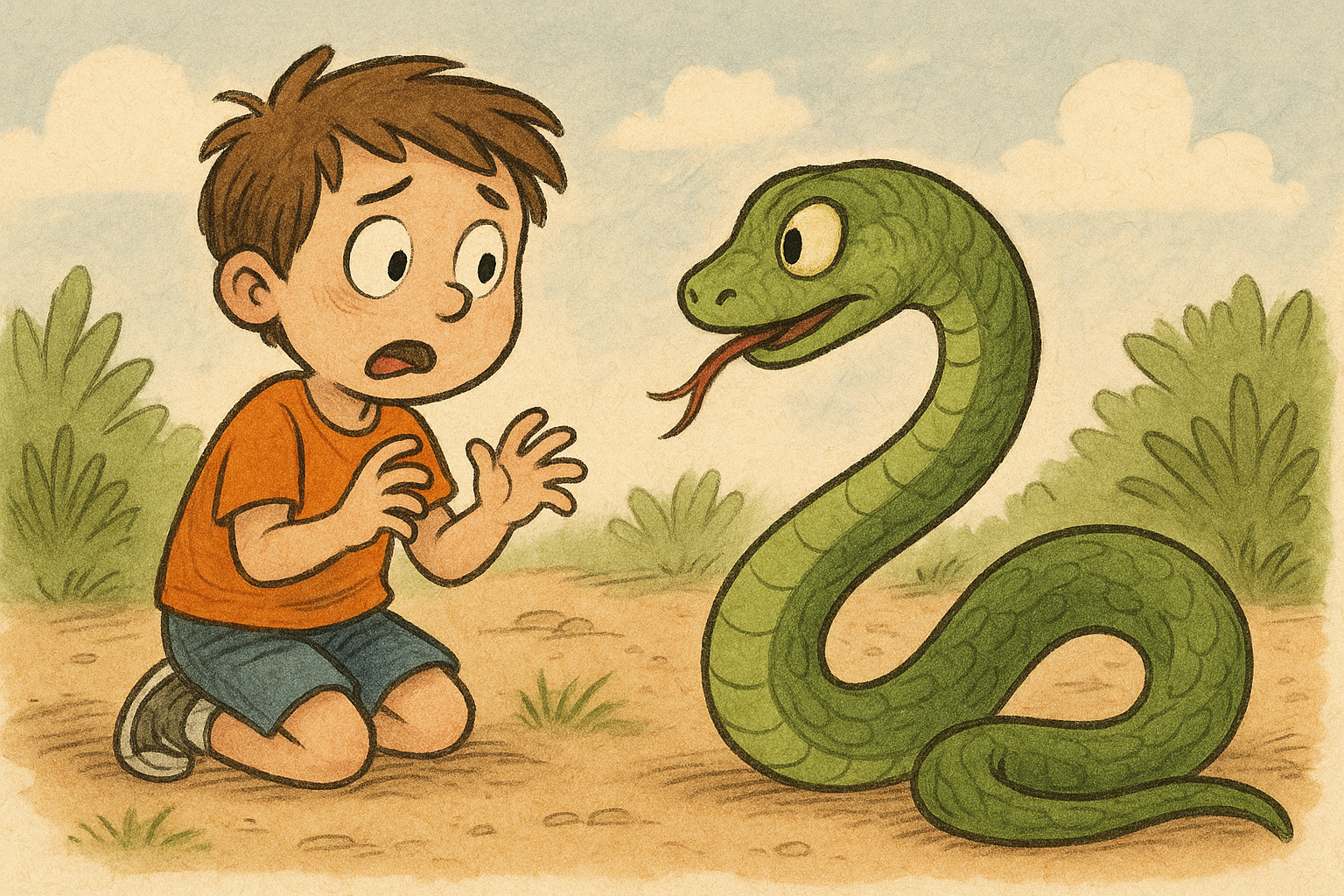 아이 앞에 나타난 뱀, 두려움과 호기심이 섞인 표정