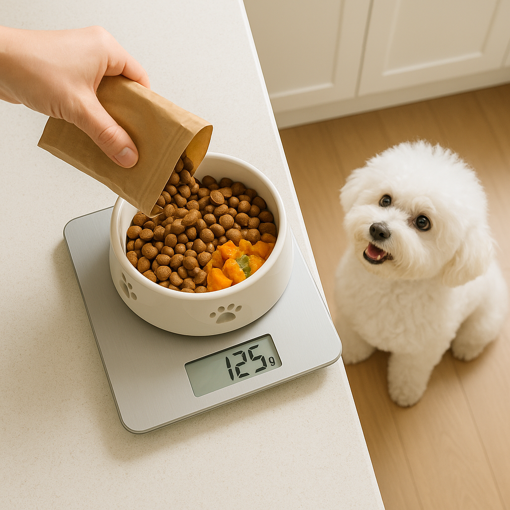 전자저울 위에 놓인 강아지 밥그릇에 보호자의 손이 사료를 조심스럽게 붓는 동작을 강아지가 올려다 보고 있는 모습