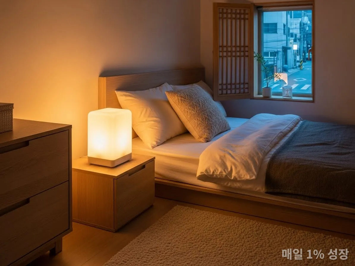 따뜻한 무드등과 조명으로 밝고 아늑하게 꾸며진 한국의 침실 인테리어