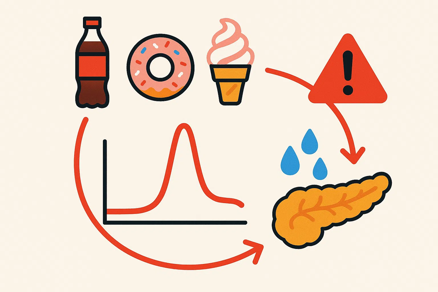 콜라, 도넛, 아이스크림 아이콘 &rarr; 혈당 급상승 그래프 &rarr; 인슐린 과다 분비