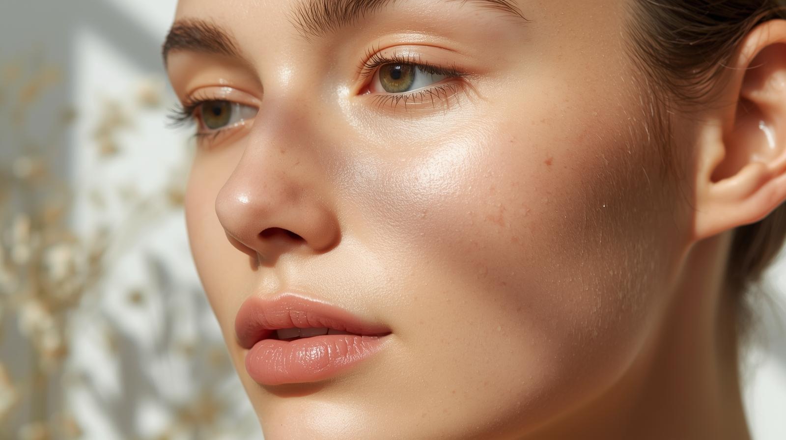 “Close-up of a woman’s face with smooth, glowing, hydrated skin under natural light, representing healthy sensitive dry skin care results”