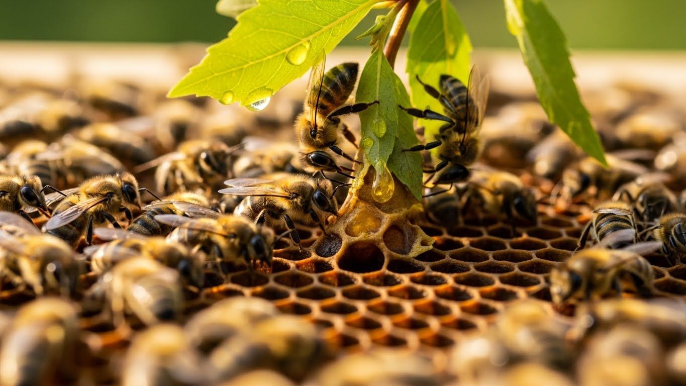 꿀벌들이 벌집을 적극적으로 연구하고 있는 벌집의 매크로 샷