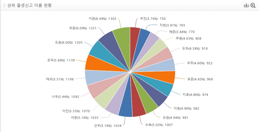 이름별 순위와 비율을 시각적으로 보여주는 원형 그래프 결과