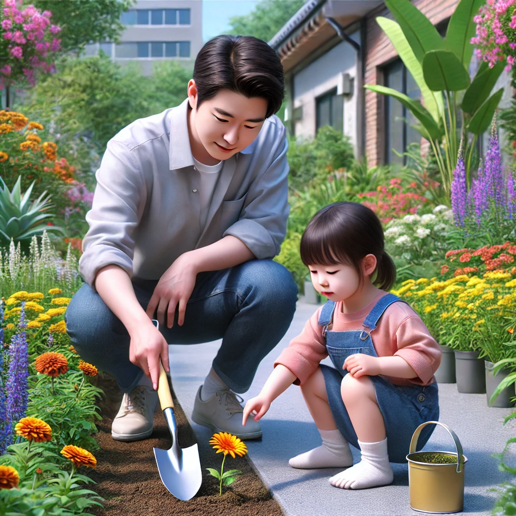 아버지와 딸이 정원에서 함께 꽃을 심고 있는 장면. 아버지는 작은 삽을 들고 무릎을 꿇고 있으며, 딸은 흙에 꽃을 조심스럽게 심고 있습니다. 주변에는 활기찬 꽃과 푸른 나무가 있습니다