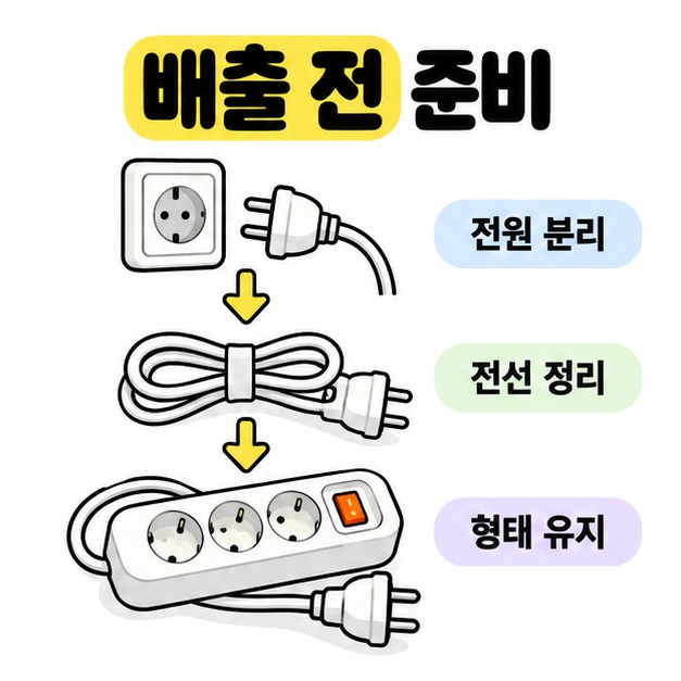 전원 분리, 전선 정리, 형태 유지 순서로 멀티탭의 배출 준비를 보여주는 도식