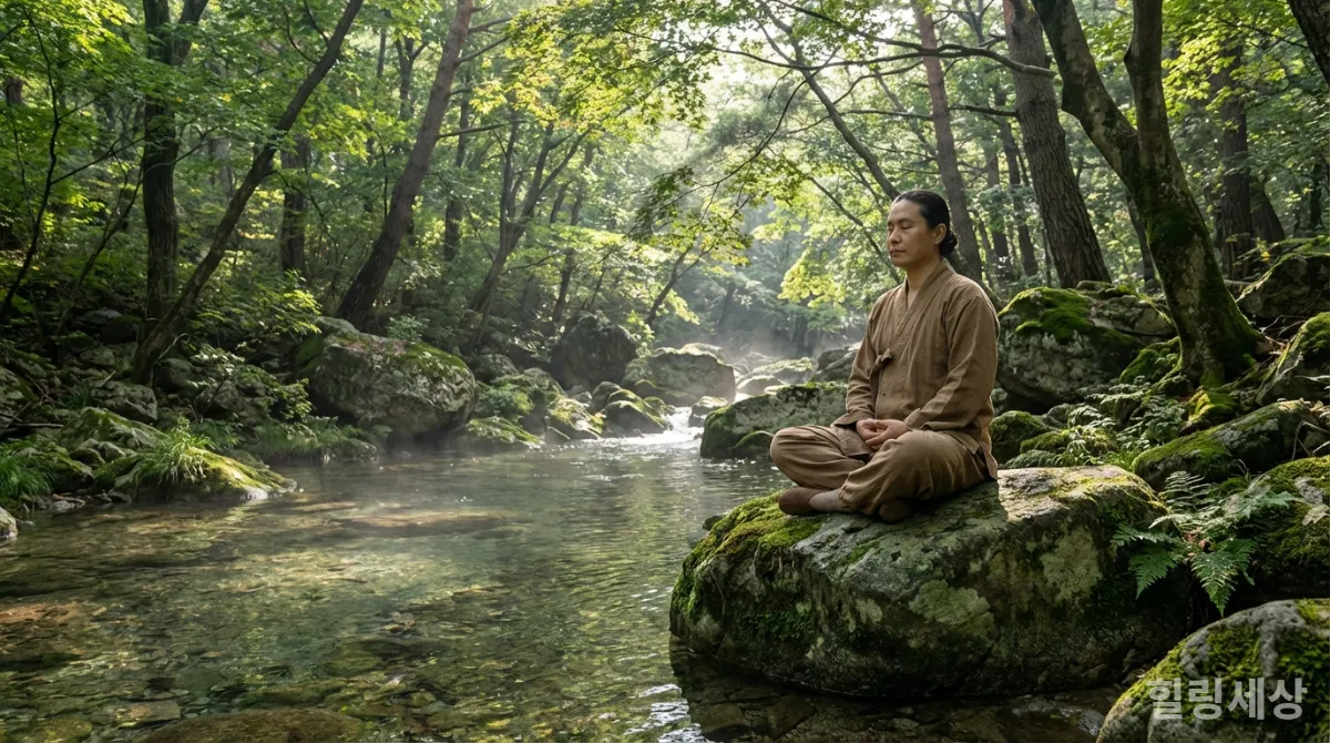 숲속 계곡 옆 바위에 앉아 명상하는 사람